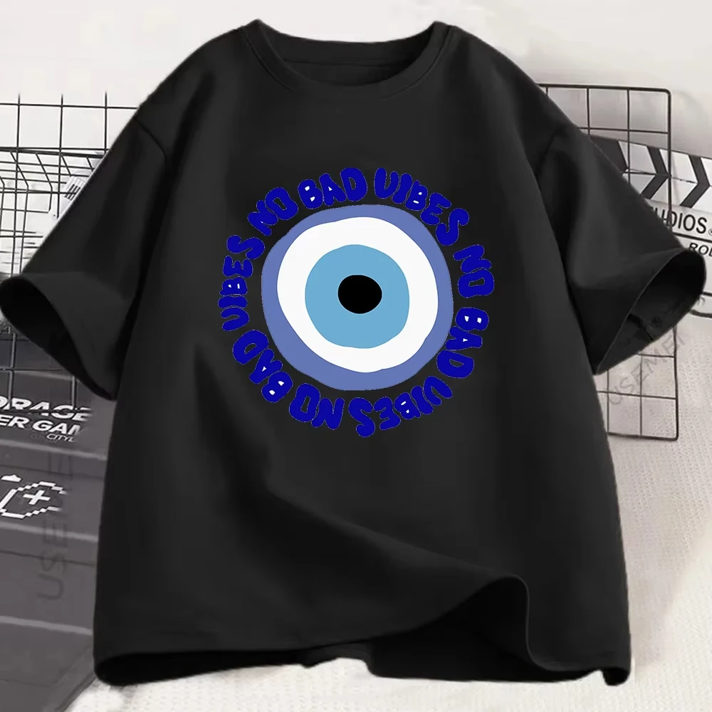 Evil Eye No Bad Vibes Graphic T-shirt Nazar Amulet Protection Symbol Print Tee Summer Short Sleeve Positive Top for Women
