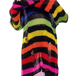 Rainbow Striped Knit Sweater Punk Grunge Distressed Pullovers Ripped Hollow Out Knitwear Y2K Women Long Sleeve Top Jersey Jumper