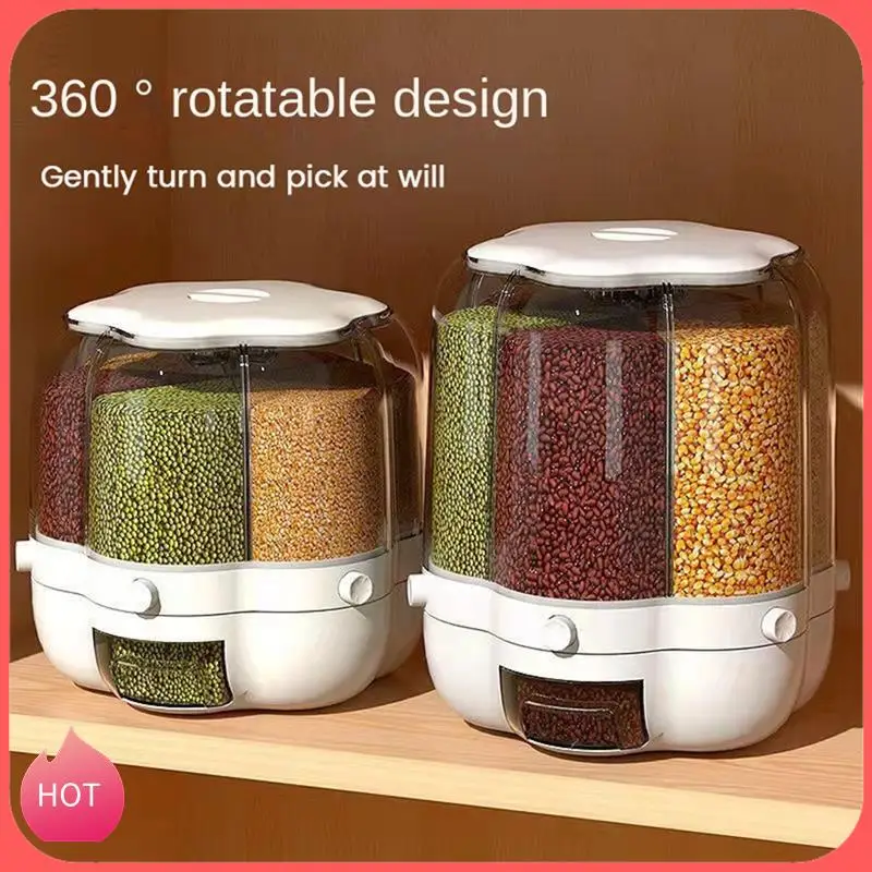 

HOT-Home Food Container Rotatable Rice Barrels Sealed Cereal Dispenser Kitchen Food Storage Container White