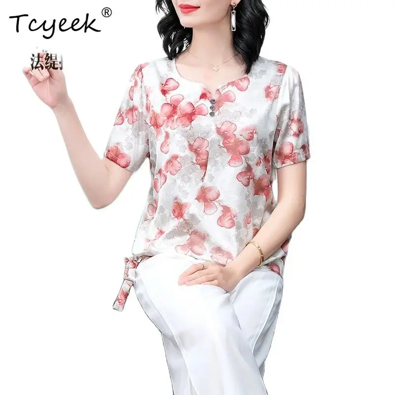 

Tcyeek, 91% Natural Silk OL Shirts, Women V Neck Short Sleeve Floral, Elegant Mom Satin Blouses, 2024 Summer New Tops T44456QM