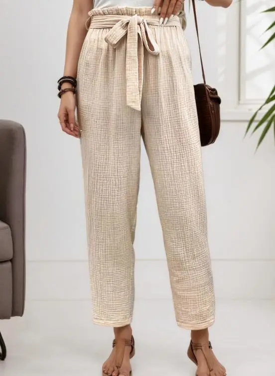 

Women's Pants 2026 Summer Tailored New Solid Color Cotton Linen Casual Lace Up Straight Leg Pants Suitable for Daily Outings