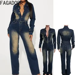 FAGADOER Retro Blu Navy Tute di jeans Moda donna Bottoni a maniche lunghe tinti in cravatta Tuta intera Autunno Jean Tute corte