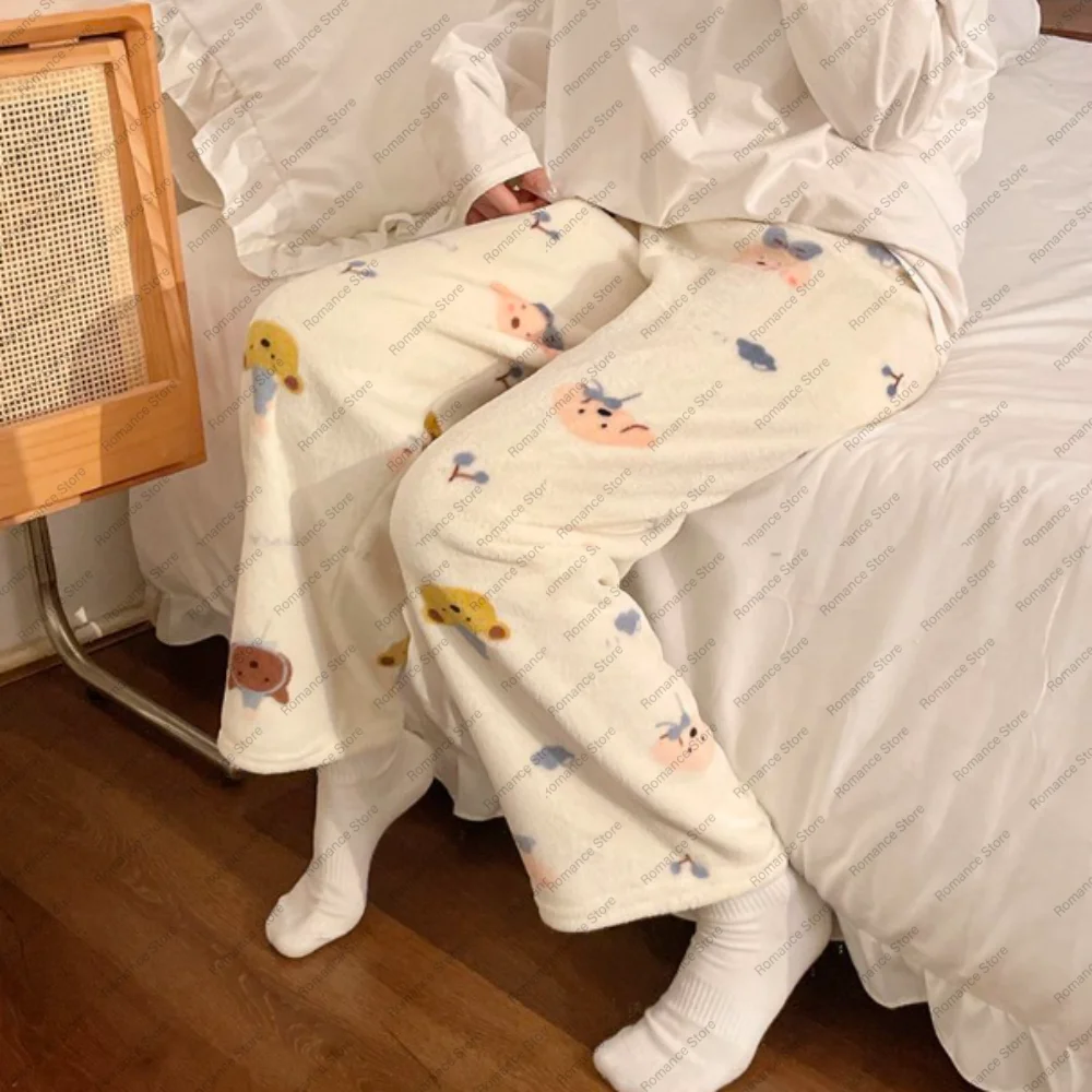 Autumn winter straight-leg casual comfortable pants for women blue cloud bear thermal pants cartoon flannel home sleeping pants