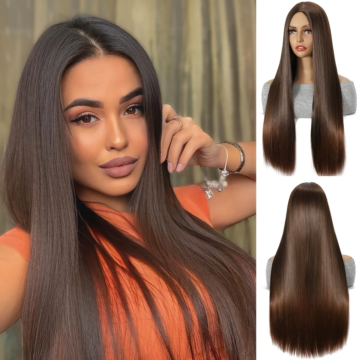 Ladies Elegant Long Straight Hair Wig | Classic Brown Medium Straight Hair Cosplay Synthetic Wig, New Year's Wear