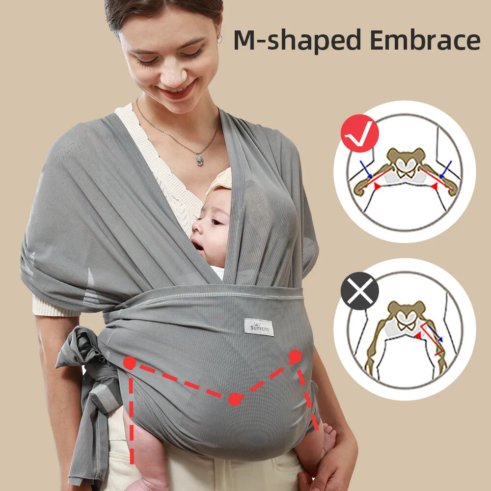 Sunveno Breathable Baby Wrap Carrier,Hands Free Baby Infant Carrier, Simple Pre-Wrapped Holder for 0-24 Months Baby Newborns