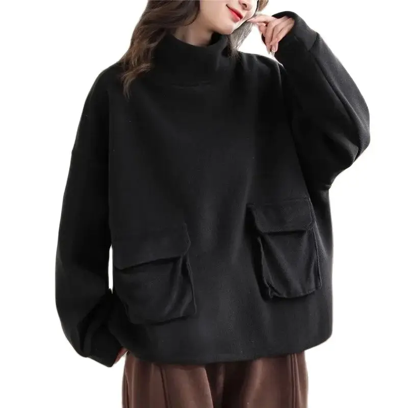 Autumn Winter Turtleneck Tops Women 2024 New Fashion Loose Casual Coat Pure Colour Pullover Pocket Temperament Outerwear Female