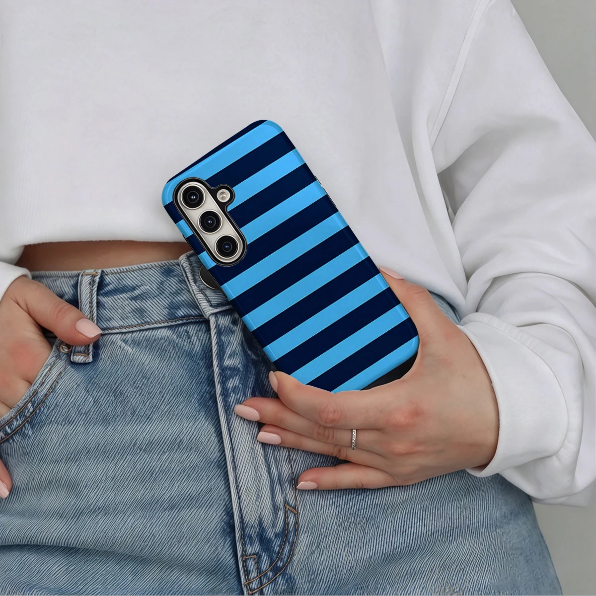 Navy Bright Blue Stripes Phone Case For Samsung Galaxy S26 S25 Ultra S24 S23 Plus Hard Shock‑Absorption 2-in-1Protective Cover