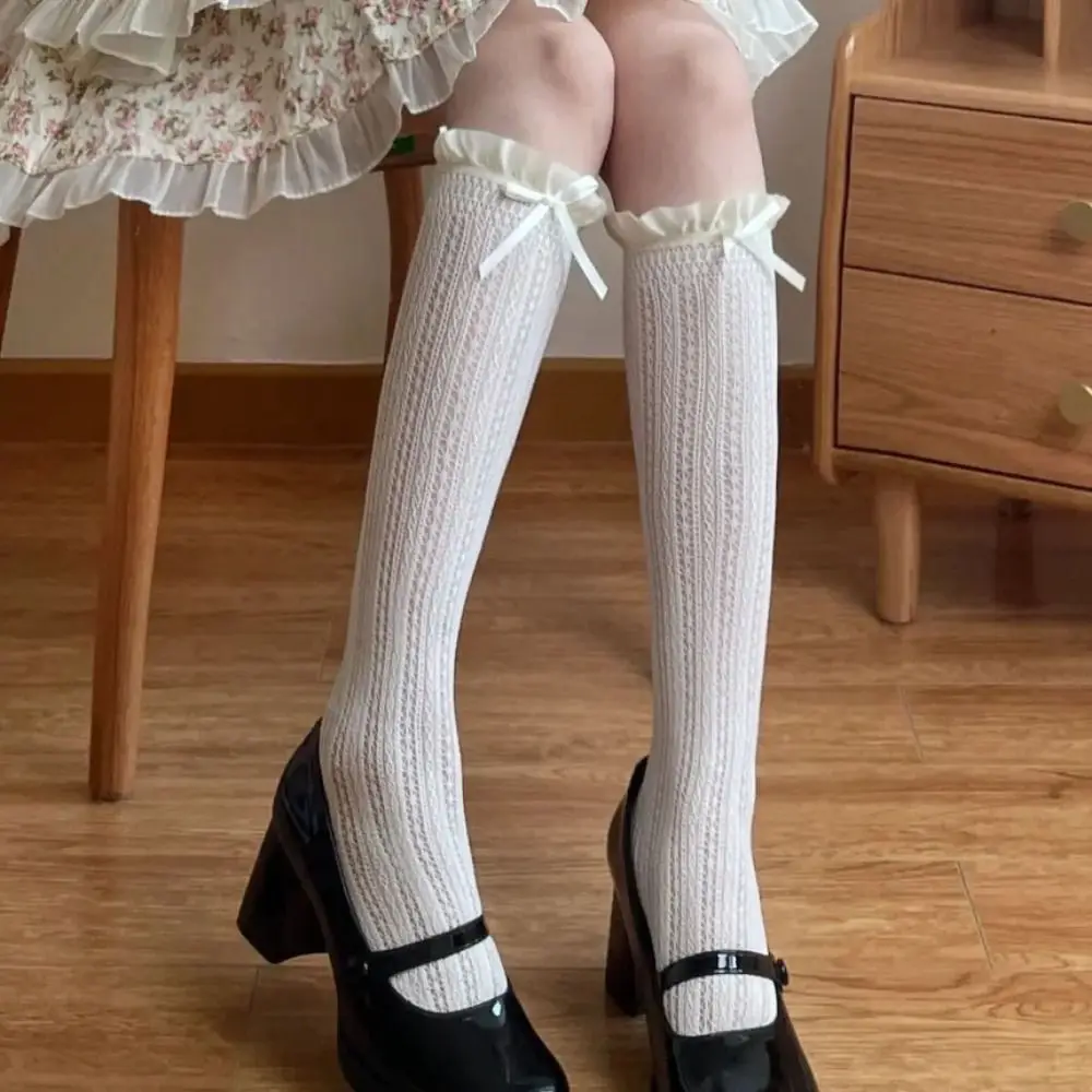 

Cute Lace Mesh Knee High Socks Ruffle Sweet Matching Calf Socks JK Fishnet Stockings For Women Girls