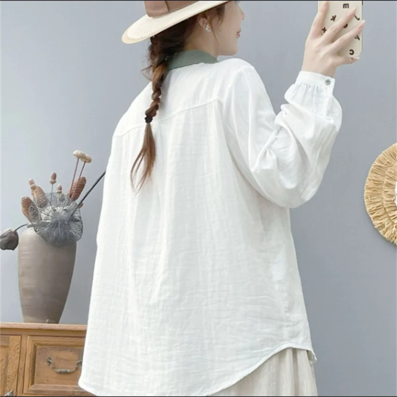 الرجعية قميص Artsy المطرزة بلوزة المرأة القطن قميص طويل الأكمام لينة فضفاضة زر حتى قميص رقيقة الربيع الإناث البلوزات