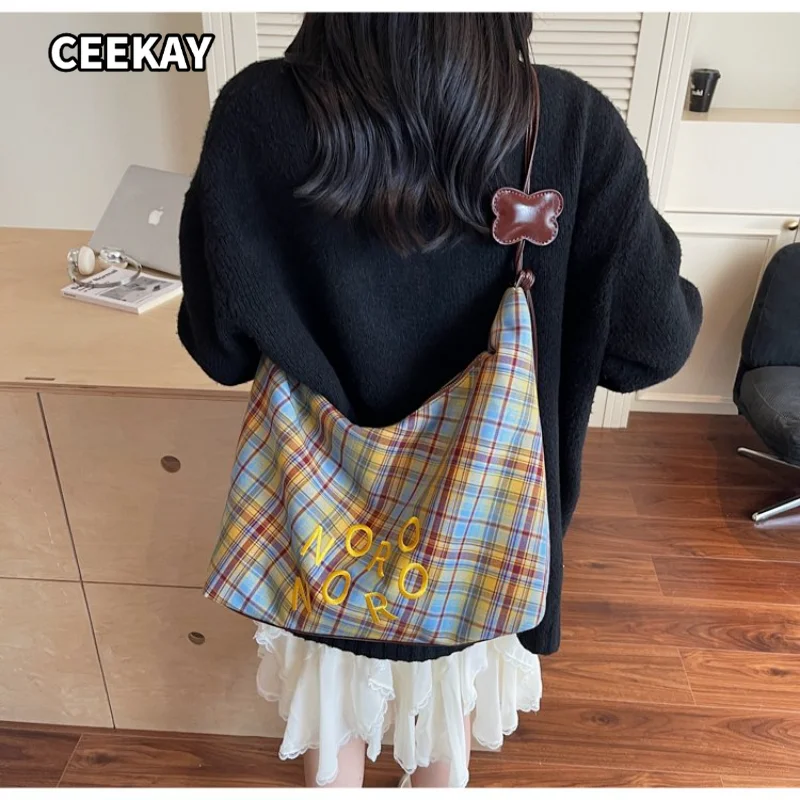 CEEKAY Women's Tote Bag Colorful Plaid Canvas Large Shoulder Handbag Letter Embroidery Flower Label Daily Commute Casual Sweet