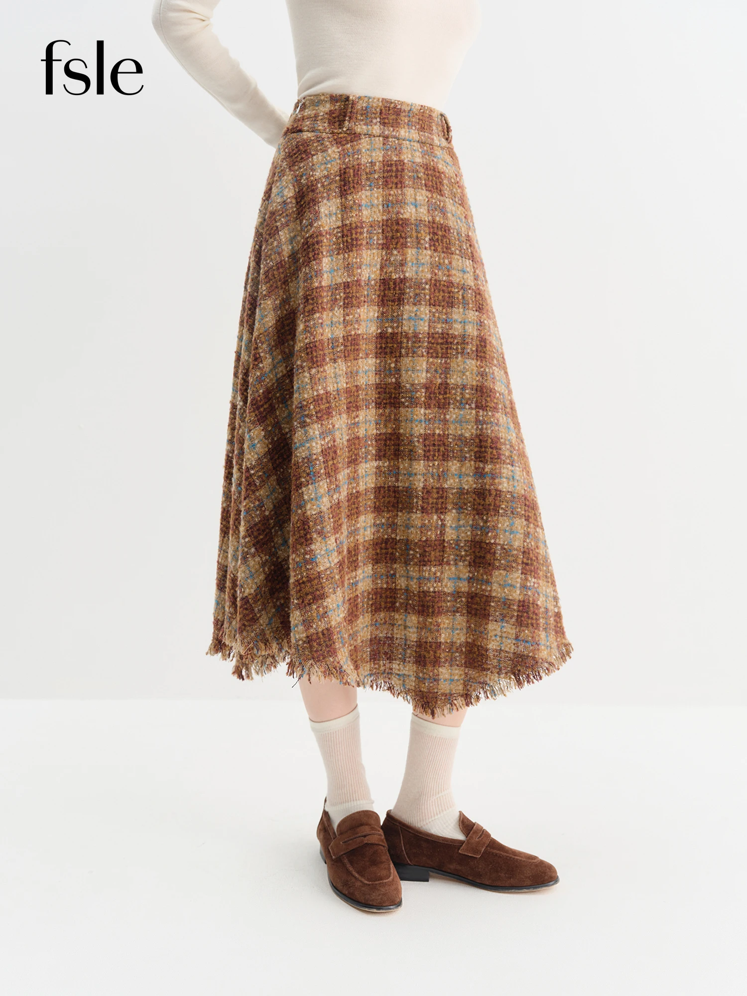 

FSLE Elegant Women's Winter 2025 Retro Plaid Asymmetrical Hem A-line Skirt - Wide Waistband Slimming Design Elegance Skirts