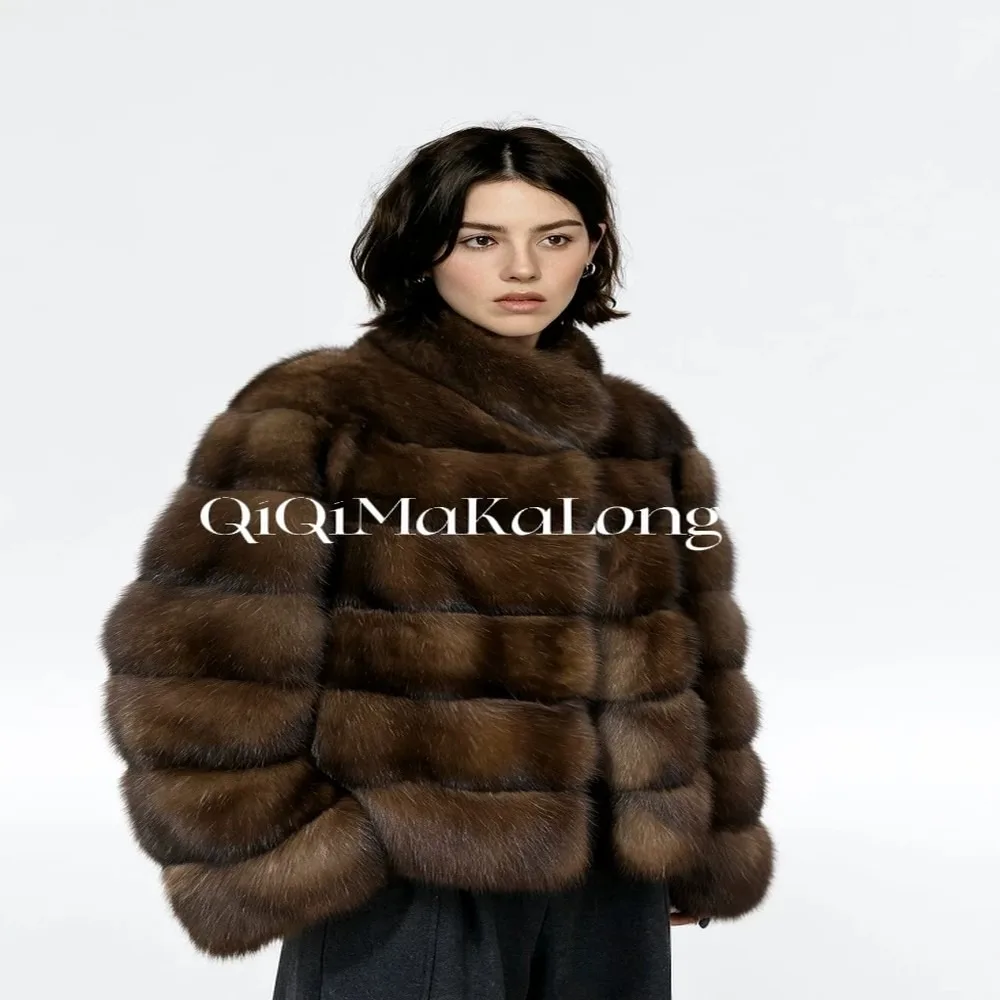 BFFUR Women Winter Real Sable Fur Coat Stand Collar Short Warm Luxury Jacket Natural Genuine Leahter Fox Fur Outwear