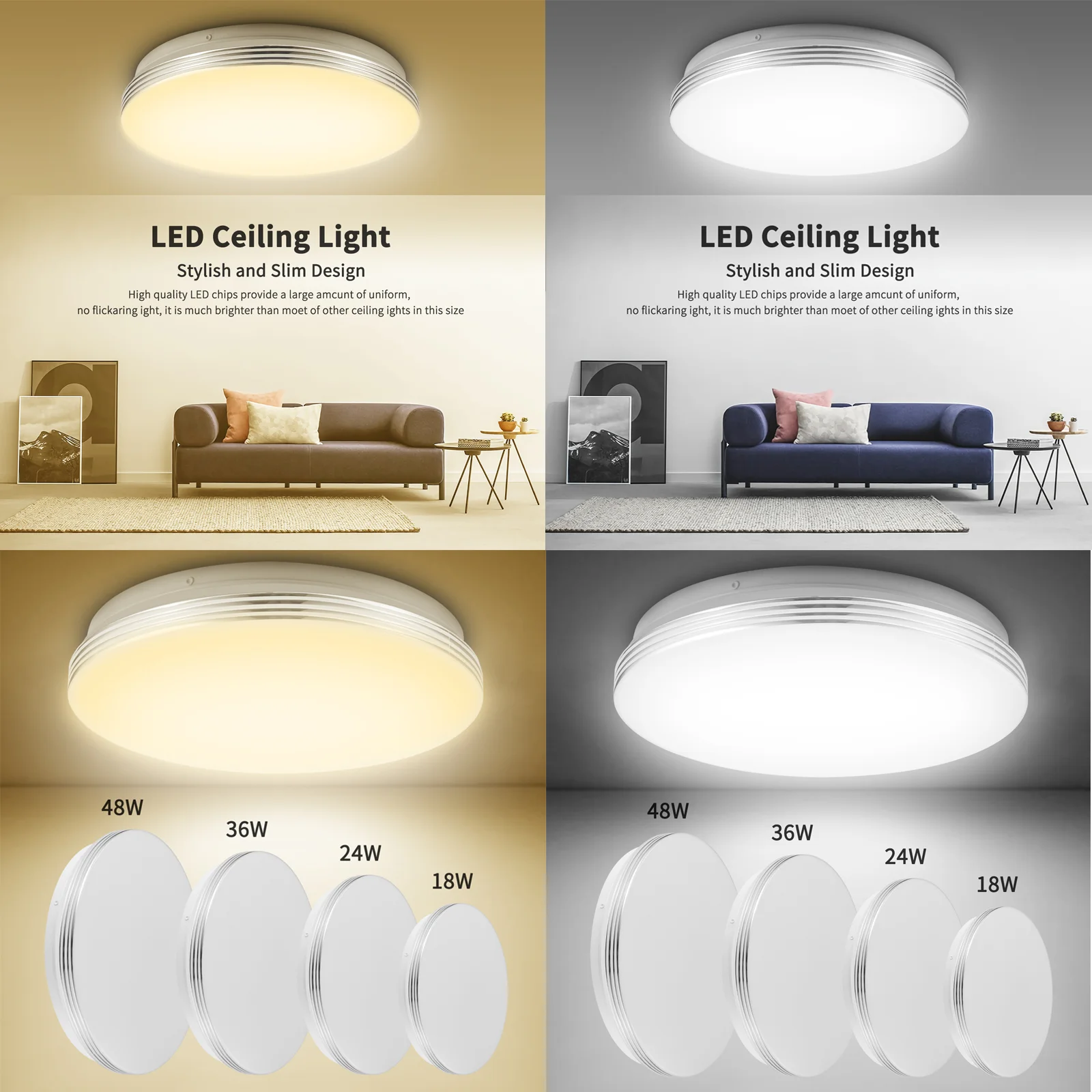 Lámpara LED de Techo Redonda Empotrada, 18W 24W 36W 48W, 3000K 6500K, Sin Parpadeo, Moderna, para Dormitorio, Cocina, Sala de Estar, Pasillo