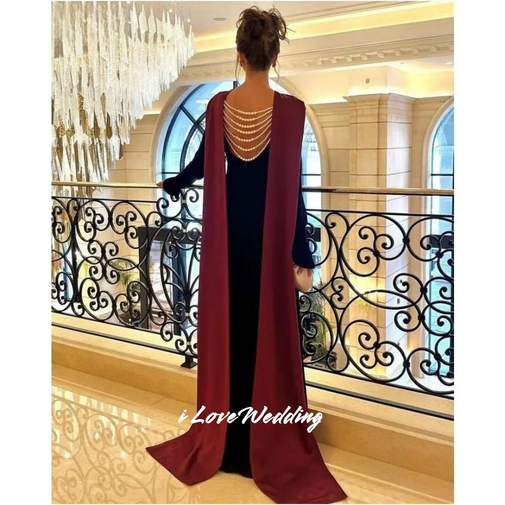 

Black O-Neck Evening Dresses 2025 Long Sleeve Backless Pearl Mermaid Split Floor-Length Pleated Wedding Party Dresses Customized