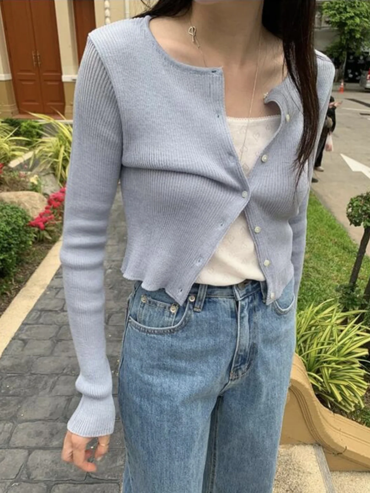

Женский вязаный ор-открытый кардиган Jaet Thin Soft Cozy Base irt Blue Autumn New Sle Commute Sle Long Sve round Ne