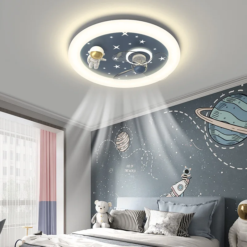 Led Ceiling Lamp Creative Cartoon Astronaut Kid's Room Ceiling Fans with Lights for Boys Girls Room Ventilator Lamp 46W