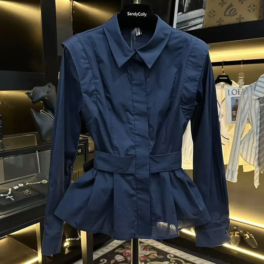

2025 French Design Splicing Pleated Lapel Blue Shirt for Women Autumn New Waist Femmale Top Long Sleeves Blouses