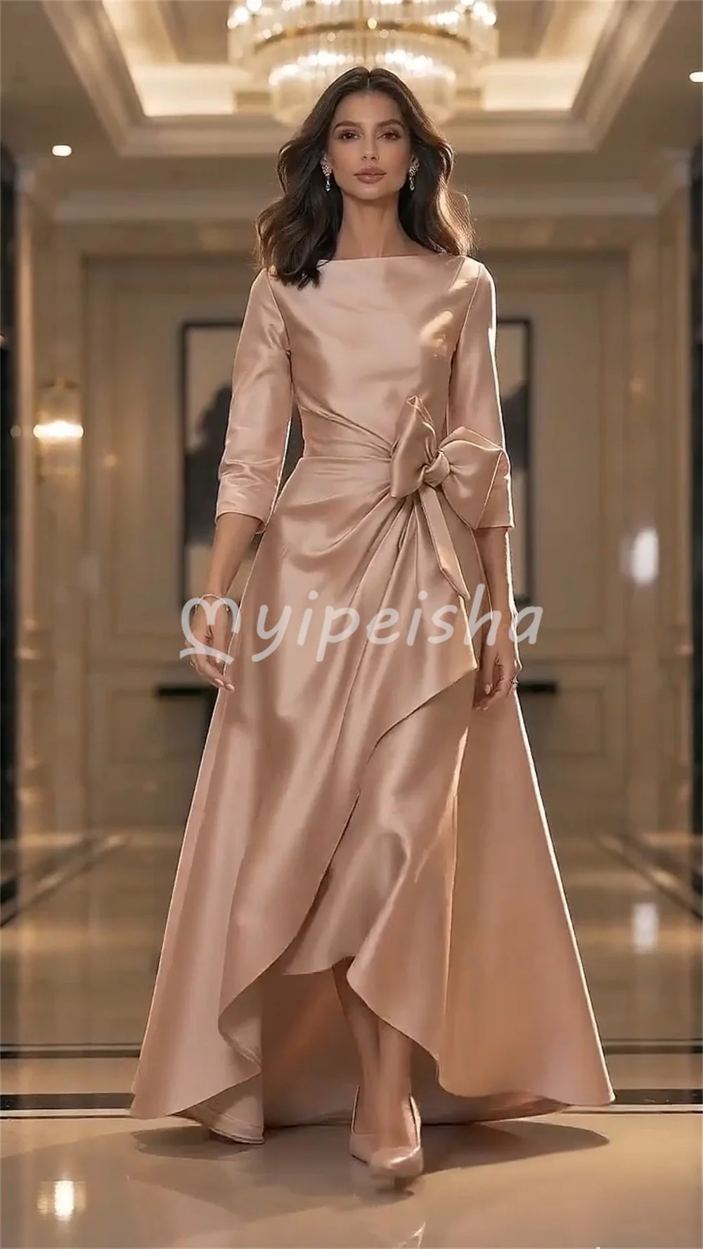 Fashion Charmeuse Pleat Bow Exquisite A-line Boat Neck Floor-Length Women's Party Gowns Evening Dresses Customized
