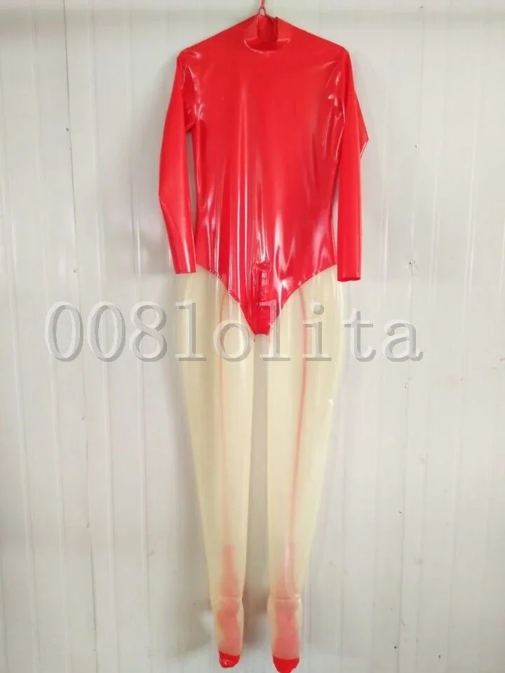 

Latex Rubber Gummi Beautiful Red and Transparent Catsuit Overall Bodysuit S-XXL