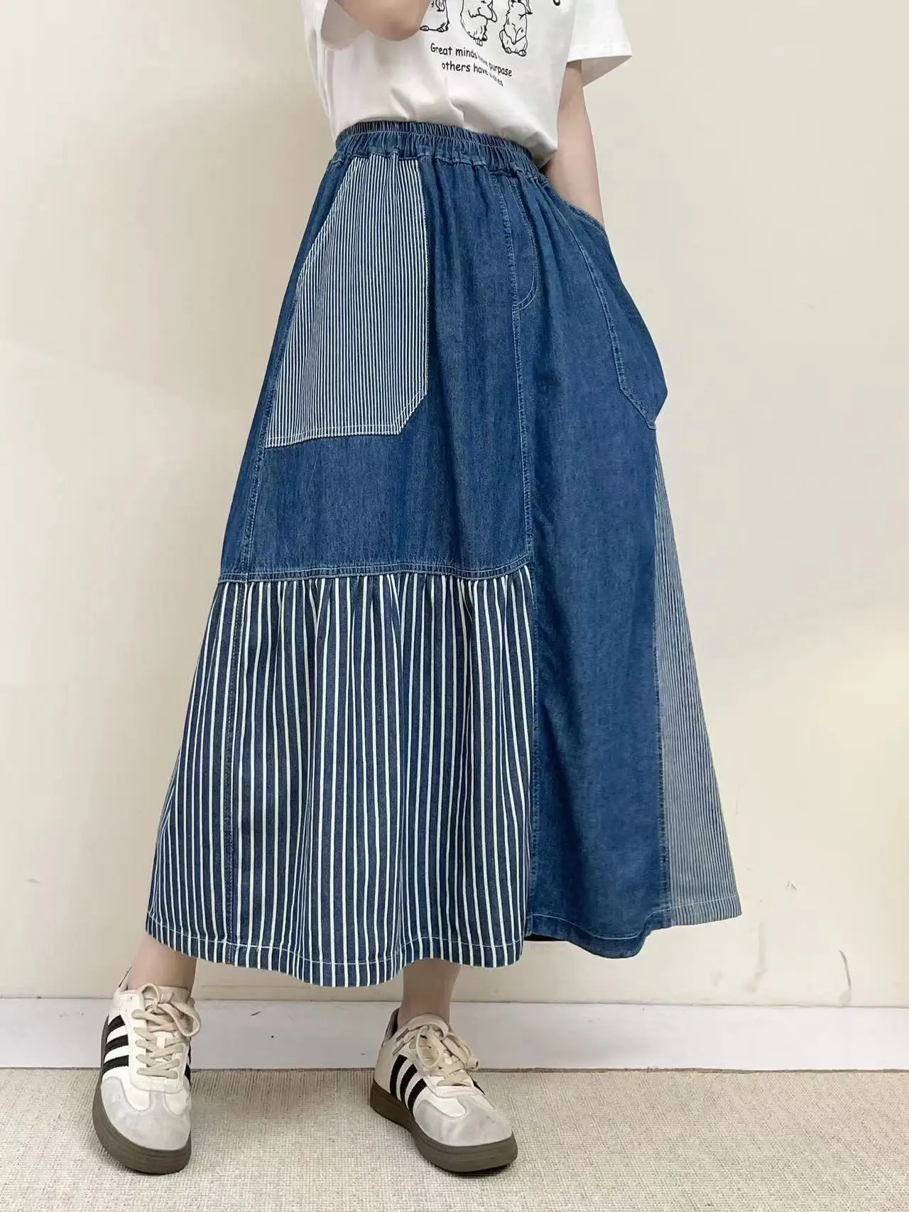 Vintage Stripe Patchwork Blue Denim Cotton Skirt,Japanese Mori Girl High Waist Pleated Long Skirt,Casual Pocket A-Line Mid Skirt