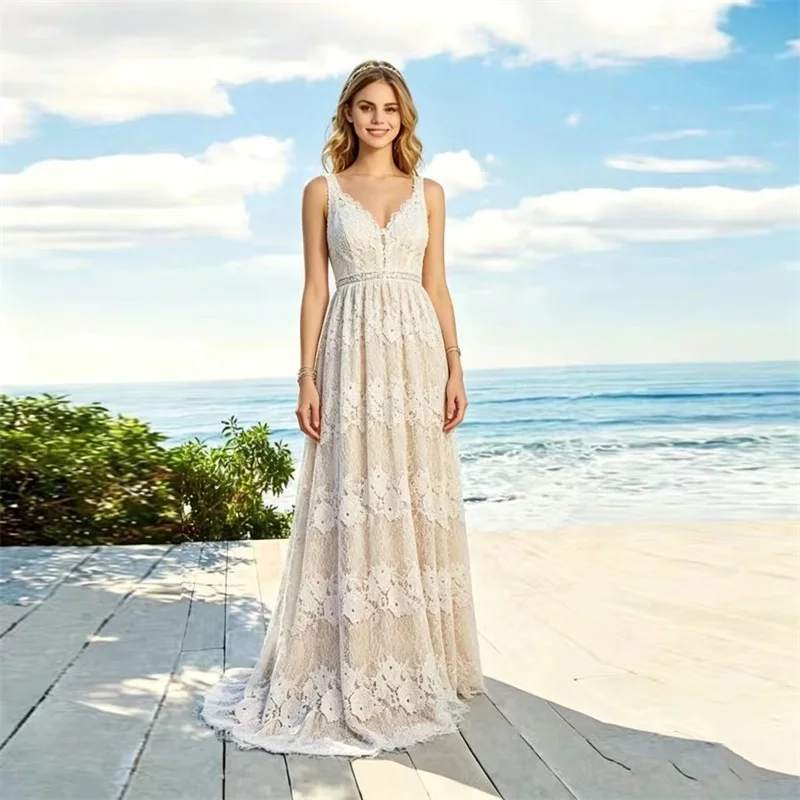 Elegant White Boho Lace Prom Dress V Neck Sleeveless Backless A Line Floor Length Party Gown Beach Wedding Bridal Evening Robe