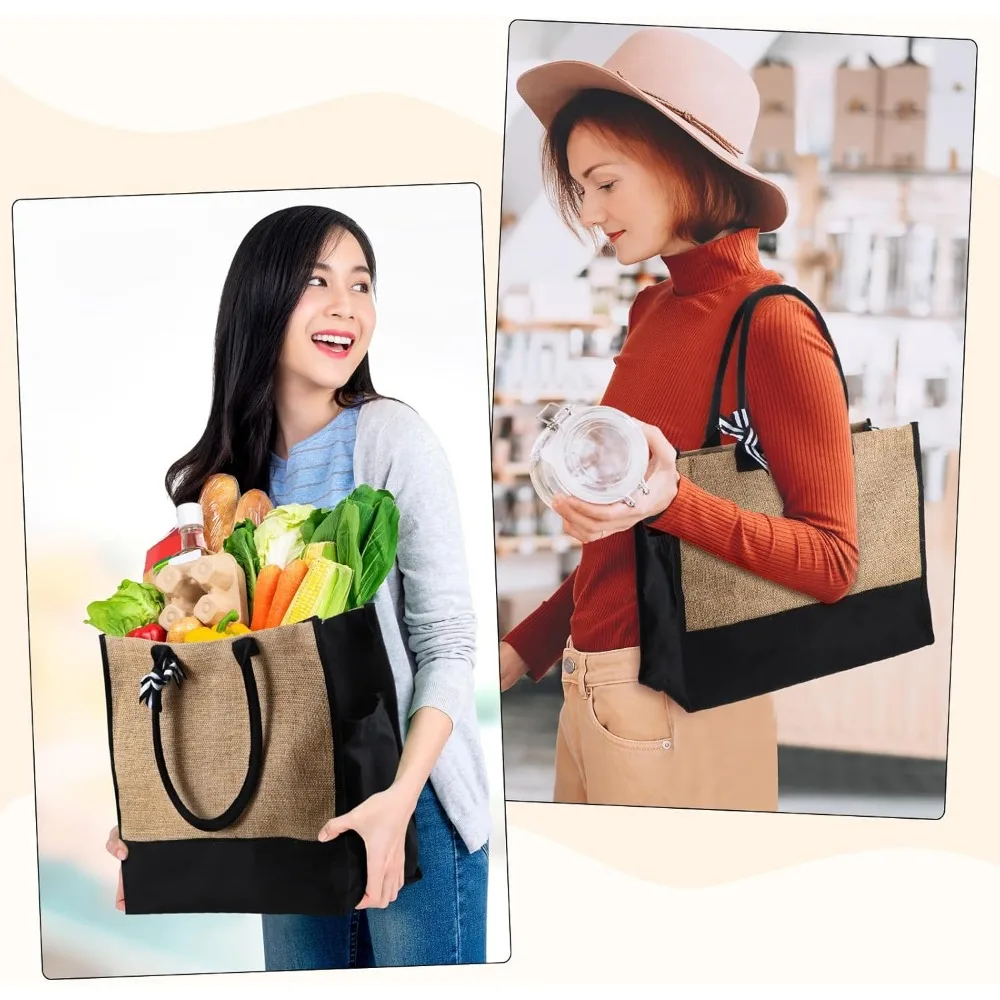 กระเป๋าผ้ากระสอบขนาดใหญ่แบบใช้ซ้ำได้ 17x13x7 นิ้ว - กระเป๋าชายหาดแบบเป็นมิตรกับสิ่งแวดล้อมพร้อมหูหิ้วสำหรับผู้หญิงและงาน DIY