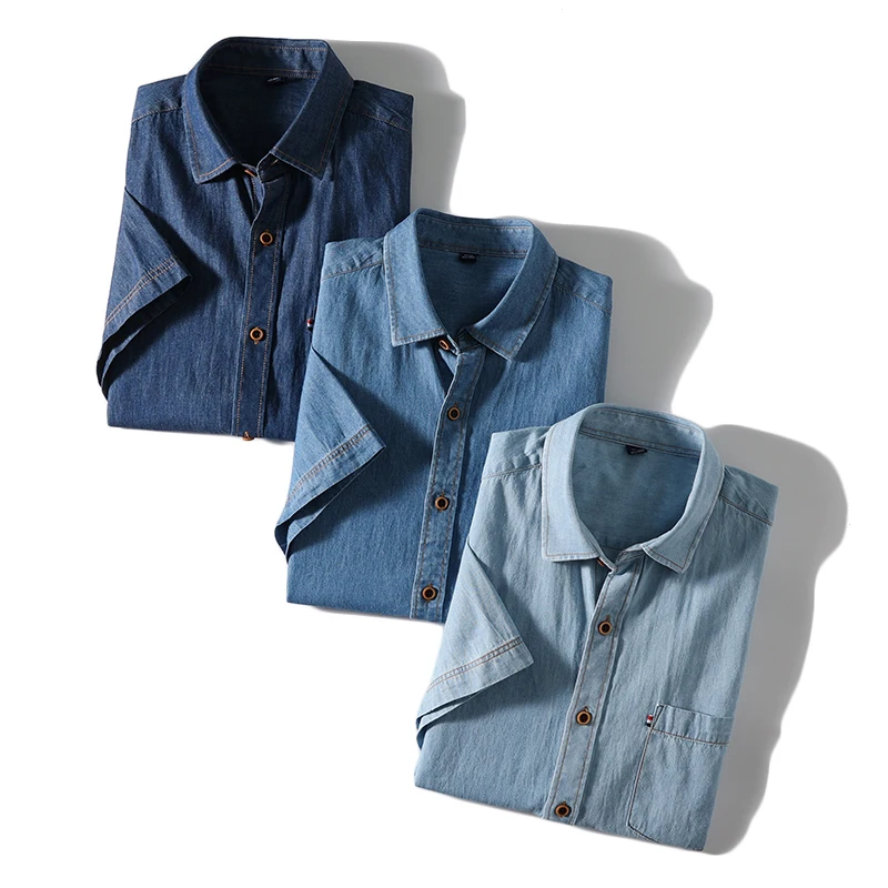 

Модная городская летняя мужская рубашка из денима с коротким рукавом, повседневная, из выстиранного хлопка, с воротником-стойкой, универсальная, легкая