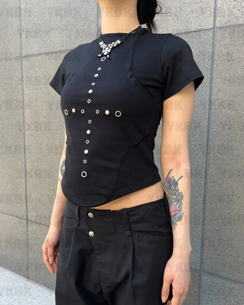 

Grunge Y2K Aesthetic Women's Streetwear Gothic Harajuku Vintage Punk cross Emo Girls Crop Tee Cross Rivet Tee Sexy Slim Chic