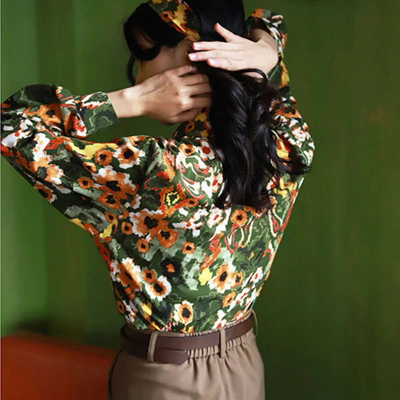 Women Clothing Vintage Printing Multicolor Turn-down Collar Long Sleeve Blouse Autumn Trend Buttons Loose Shirts Femme Flowers