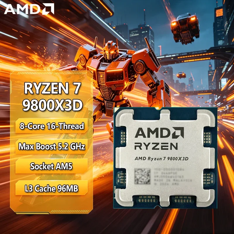 CPU para Juegos AMD Ryzen 7 9800X3D, R7 9800X3D, hasta 5.2GHz, 8 Núcleos, 16 Subprocesos, 96MB de Caché, AM5, Procesador para Juegos de Escritorio, Sin Embalaje