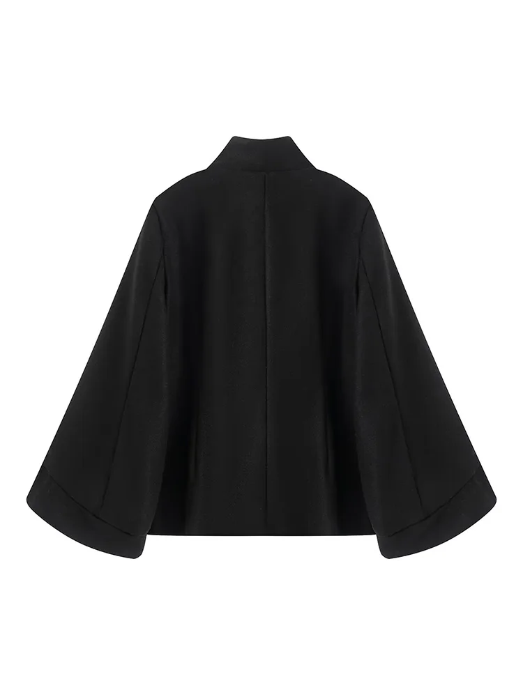 

HH Woman Fashion Loose Stand Collar Double-breasted Decoration Long Sleeves Coat Female Temperament Batwing Sleeve Solid Jacket