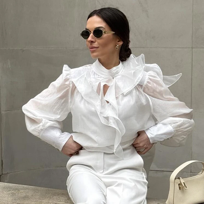 

Linad Street Chic Ruffles Sheer White Shirts Female Office Lady Chiffon Lantern Sleeve Blouse Woman Elegant Lady Top 2025 Summer