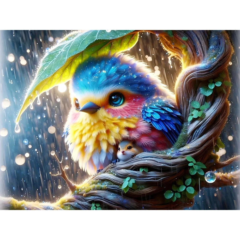 EverShine 5D Diamantmalerei Vogel im Regen DIY-Set Mosaik Blatt Regenschirm Vollflächige Stickerei Tier Wanddekoration Wohnzimmer