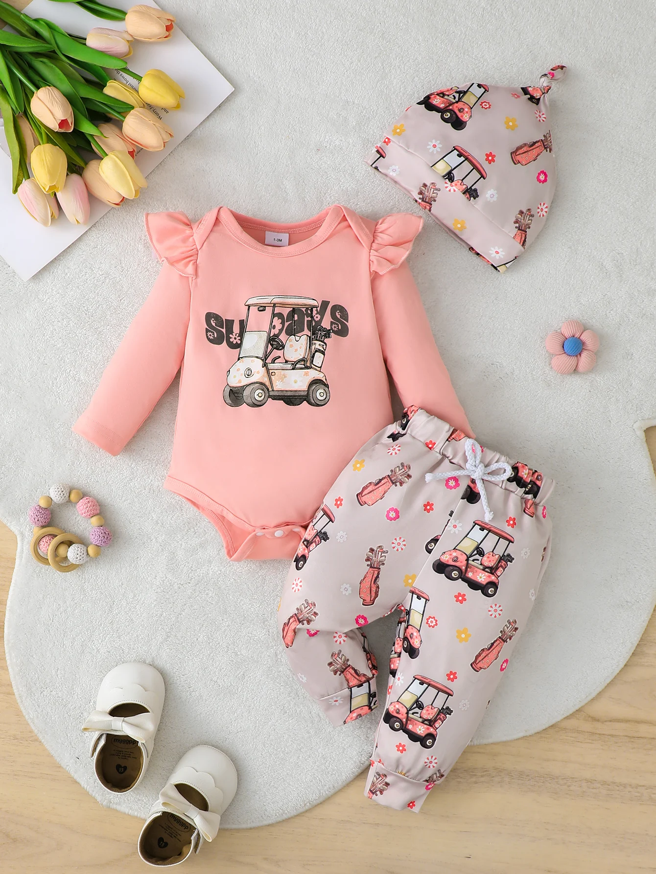 Baby Girl round Neck Long Sleeve Romper Set with Pants And Hat Three-Piece Cartoon Pattern Outfit for Spring Autumn Casual Wear