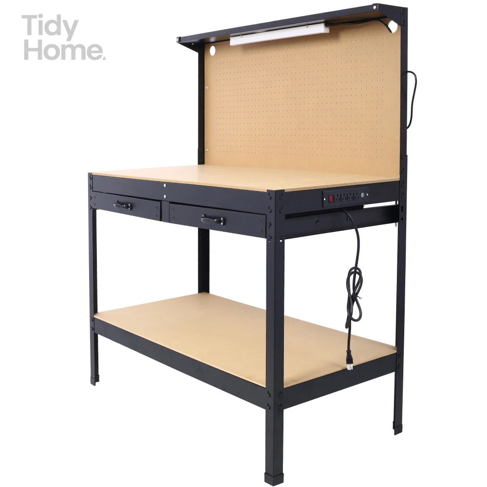 Steel Workbench WITH led light, Tool Storage Work Bench, Workshop Tools Table WITH Drawer and Peg Board , built-in power panel