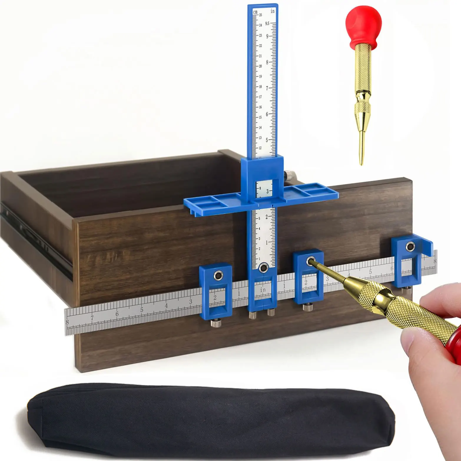 

Шаблон для установки ручек на мебель с автоматическим центрирующим штампом - прецизионный направляющий инструмент для монтажа ручек и защелок на ящиках и дверях, уменьшает дрожание при установке.