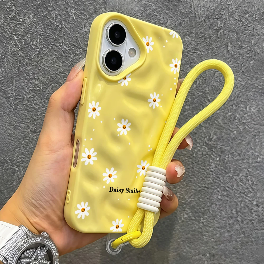 Einfache Daisy Smile Falten-Silikon-Handyhülle für iPhone 17 15 13 11 12 14 16 17 Pro Max 14 15 Plus 17Air mit Lanyard-Abdeckung – Detail 7