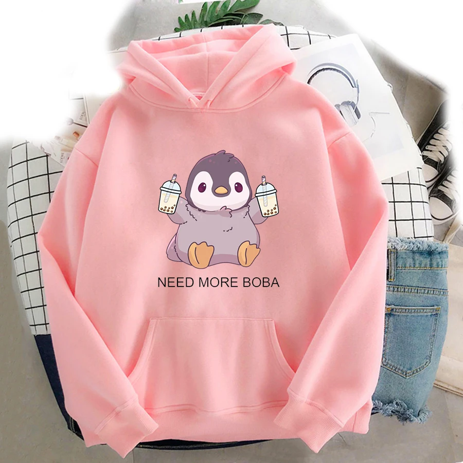 Cute Penguin Boba Men's Hoodie Men's and Women's Fashion Simple Long sleeved Pullover Street Trend Harajuku Large Y2k Sweatshirt