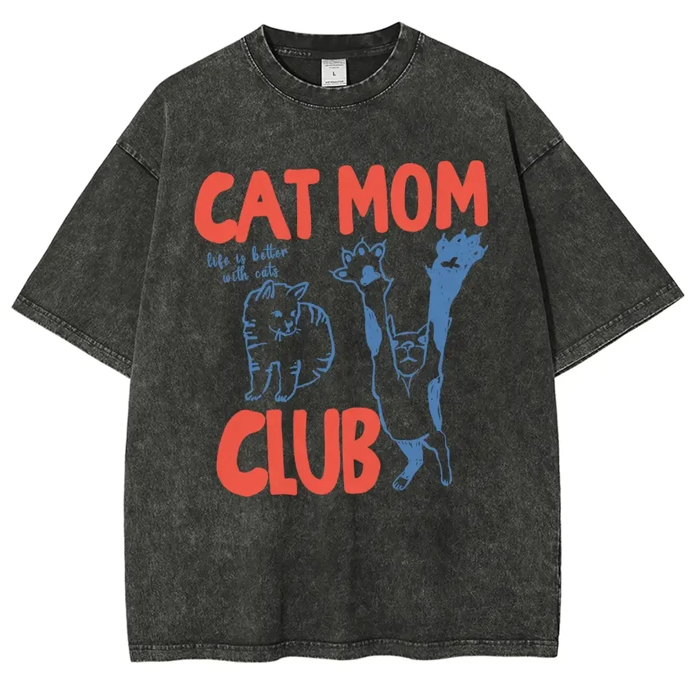 Unisex Soft Washed Cotton Tshirt - Casual Chic Comfort Fit Fabric Top, Cat Mom Club Mother's Day/Mommy Birthday Gift, Lightweight Blessed Mama Graphic Everyday Apparel,sohochic