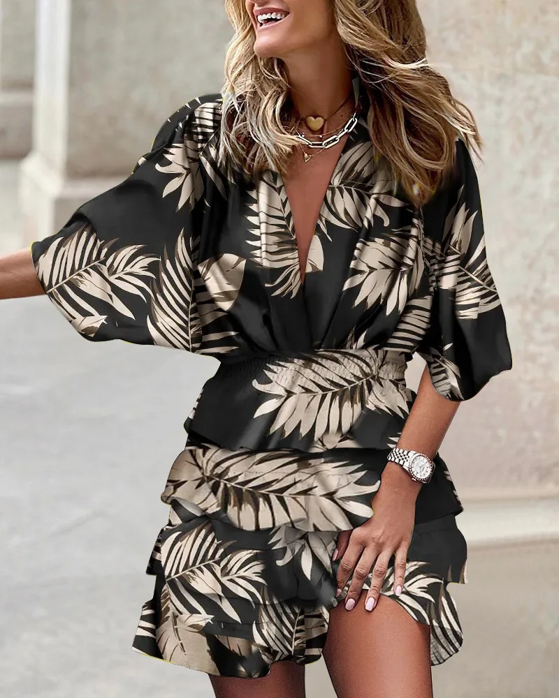 Women Sexy V Neck Mini Dresses 2025 Summer Boho Casual Floral Print Batwing Sleeve Robe Female Ruffle Beach Party Dress Vestidos