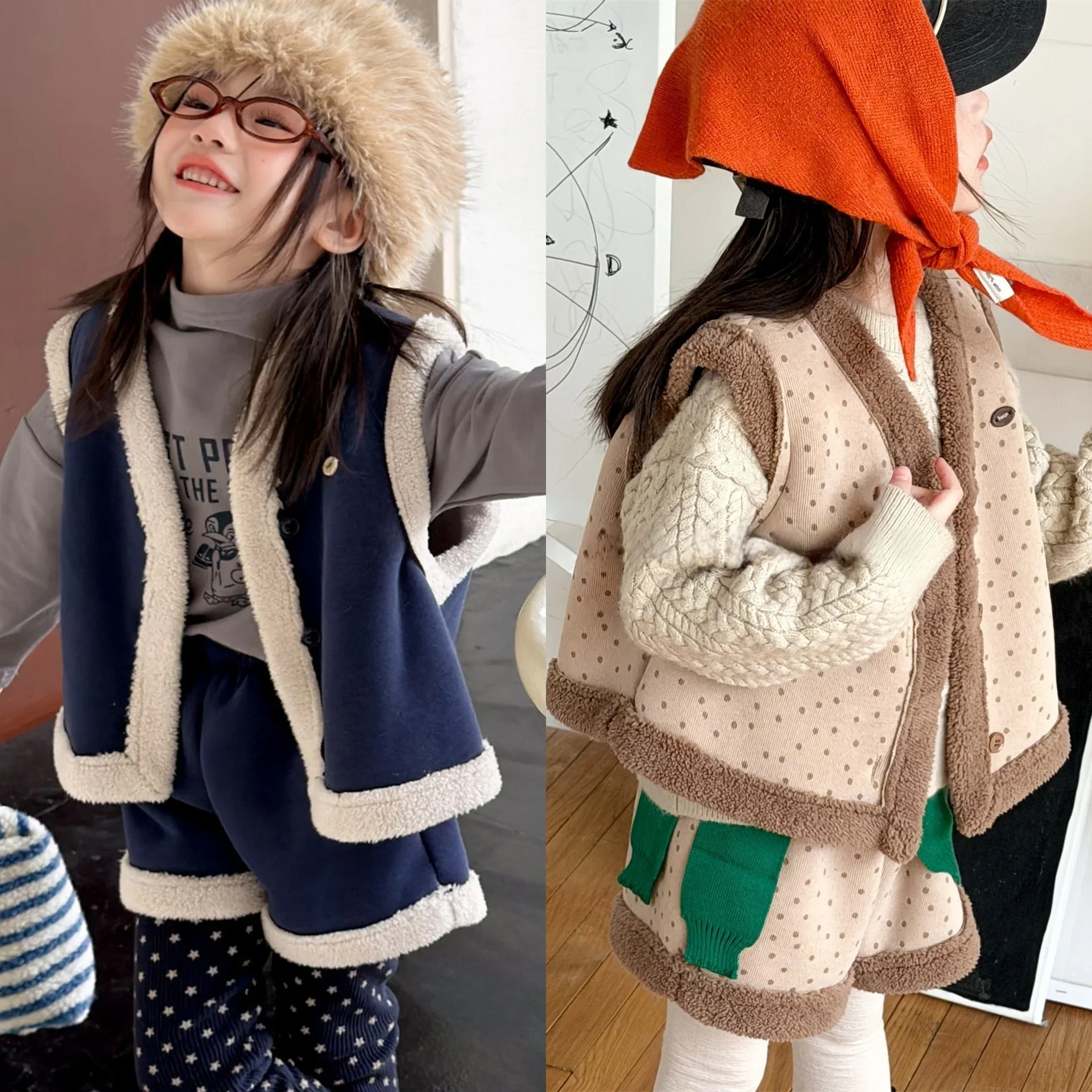 

2025 Kids Fleece Lined Vest and Shorts Sets 1-6Y Boys Girls Polka Dot Patchwork Warm 2Pcs Outfit Autumn Winter Fashion Clothes