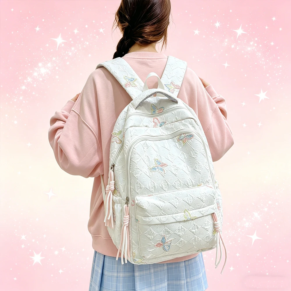

Quilted Butterfly Embroidery Backpack with Tassel, Large Capacity Lightweight School Bag for Students, Daily Commute & Outings