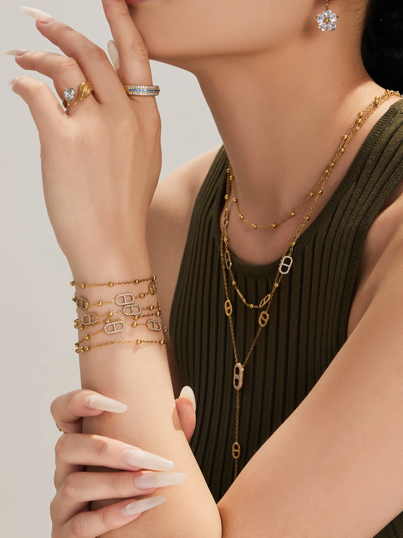 316L Edelstahl Y-Halskette Armband Set, Zierliche 18k Vergoldete Ketten-Halsketten und Armbänder, Statement-Schmuckset für Damen – Detail 7