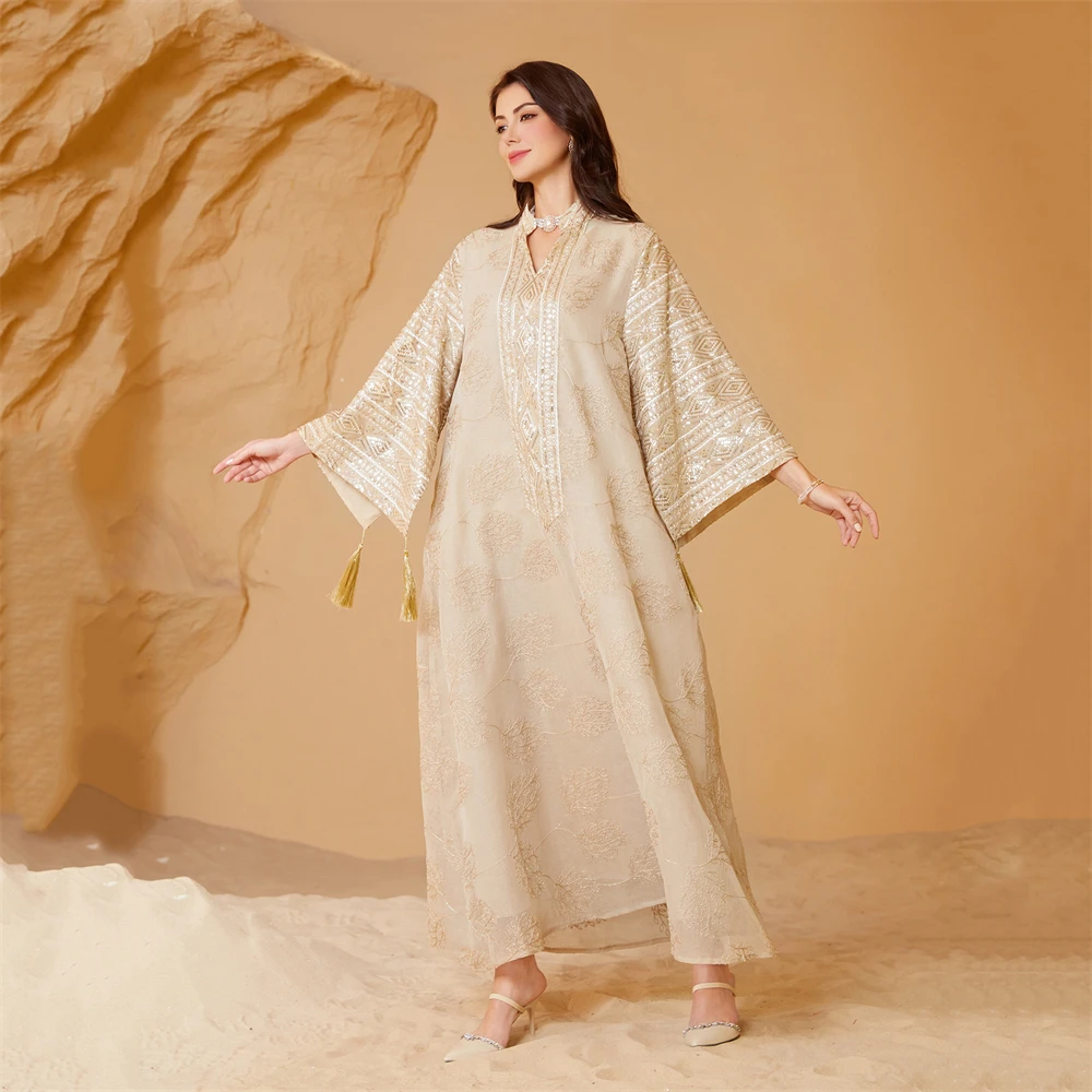 

Muslim Mesh Embroidery Sequined Women's Evening Dress, Arab Dubai Robe