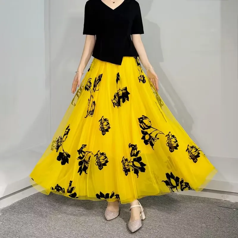 

Women High Waist Floral Pirnted Long Mesh Skirt Maxi Pleated A Line Tulle Skirt Gauze Skirt Female