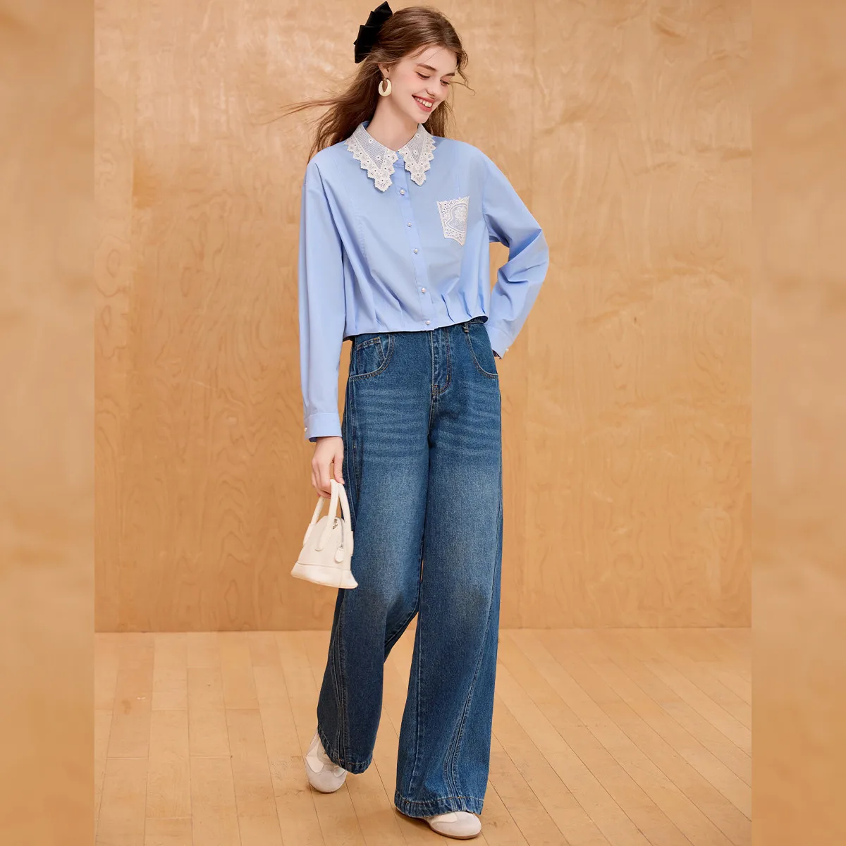LOUIS YAO New Collar Pocket Lace Splicing Women's Shirt 2025 Autumn Commuter Shirt  Elegant Down Shoulder Sleeve Blouses