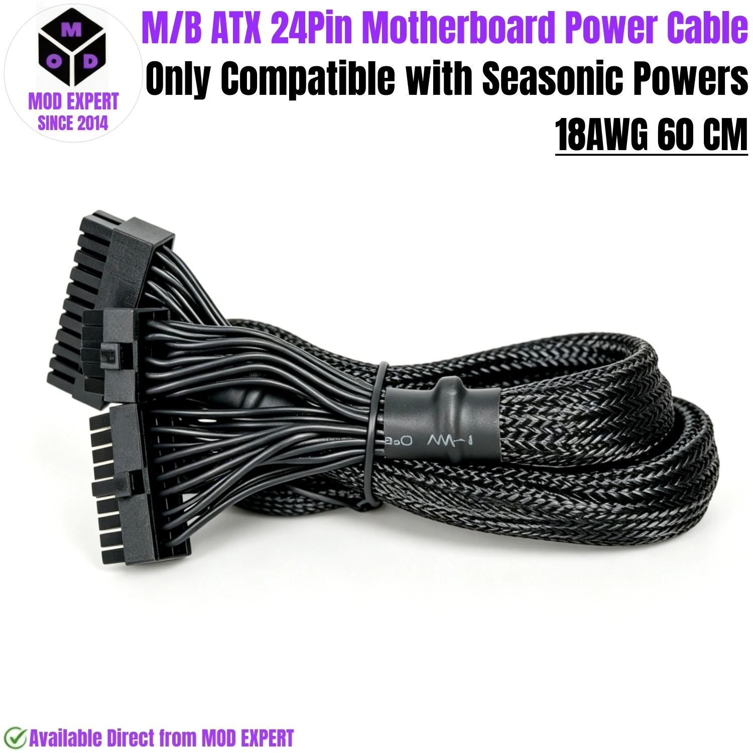 For Seasonic Powers, 24Pin ATX Main Motherboard Power Cable Sleeved Net 60 CM for Seasonic PRIME, FOCUS, CORE, M12II EVO Modular