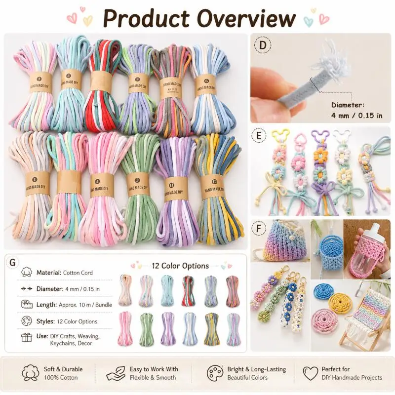 4mm 10m Farbverlauf-Baumwollkordel - Für Taschen, Kleidung, Heimtextilien, Dekoration, Telefon- und Autohängeseile, DIY-Näh- und Bastelzubehör – Detail 4
