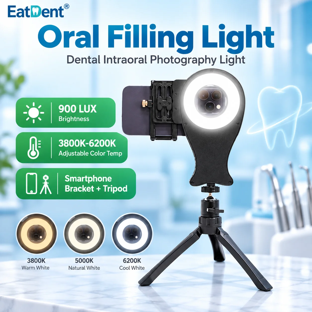 Dental Photography Ring Light Adjustable Brightness Warm/White with Tripod Dentistry Oral Photography Filling Lamp Equipment