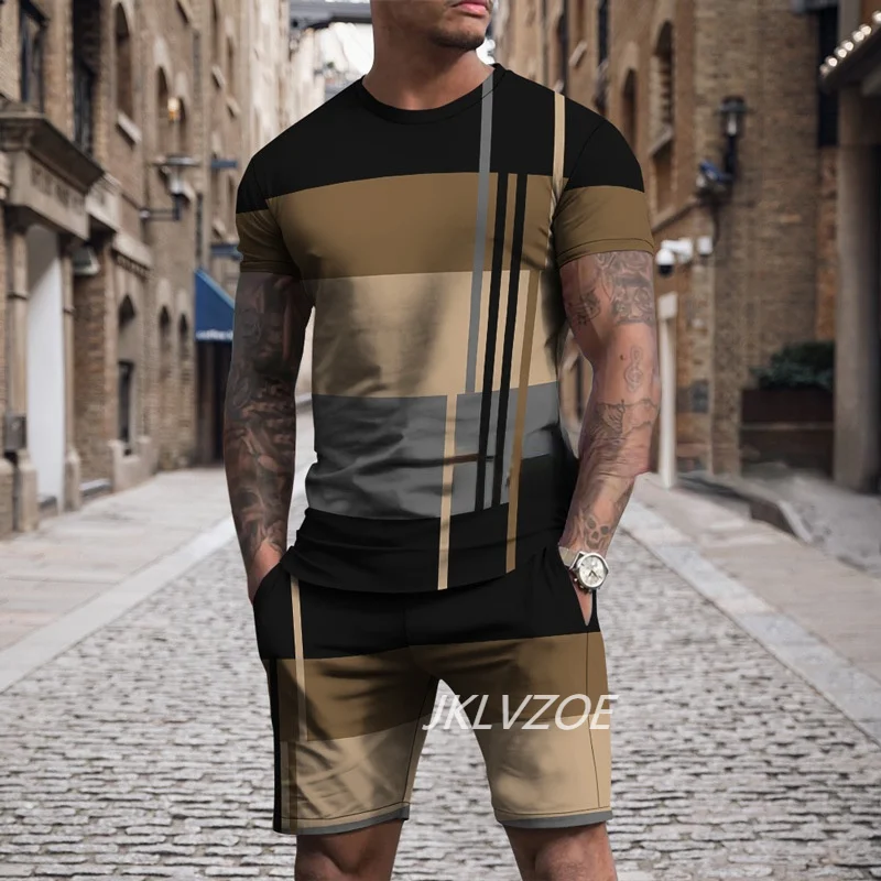 Summer men's 3D printed T-shirt set two-piece men's T-shirt short sleeved+shorts casual sports set